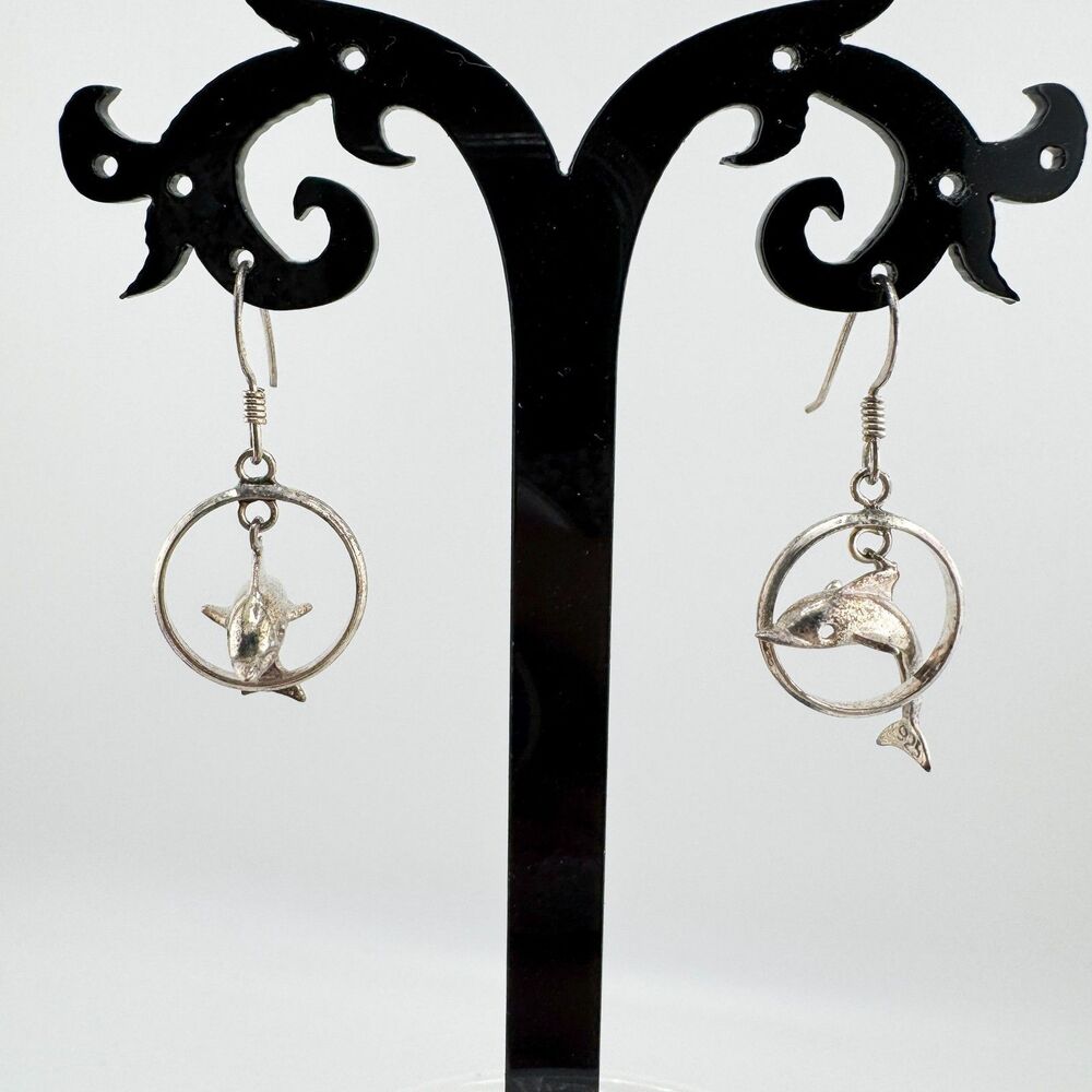 Vintage 925 Sterling Silver Dolphin Circle Dangle Earrings Coastal Beach Retro